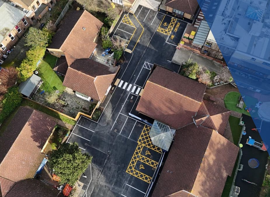 Aerial view of a hospital estate car park, representing Lawday's Healthcare sector work