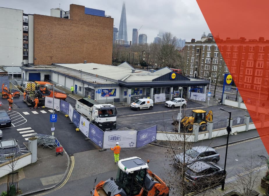 Lidl UK store car park with the Shard visible in the background, representing Lawday's Retail sector work